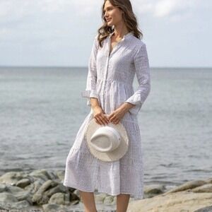 Alice Walk midi dress size S block print linen tan neutral quiet luxury NEW‎